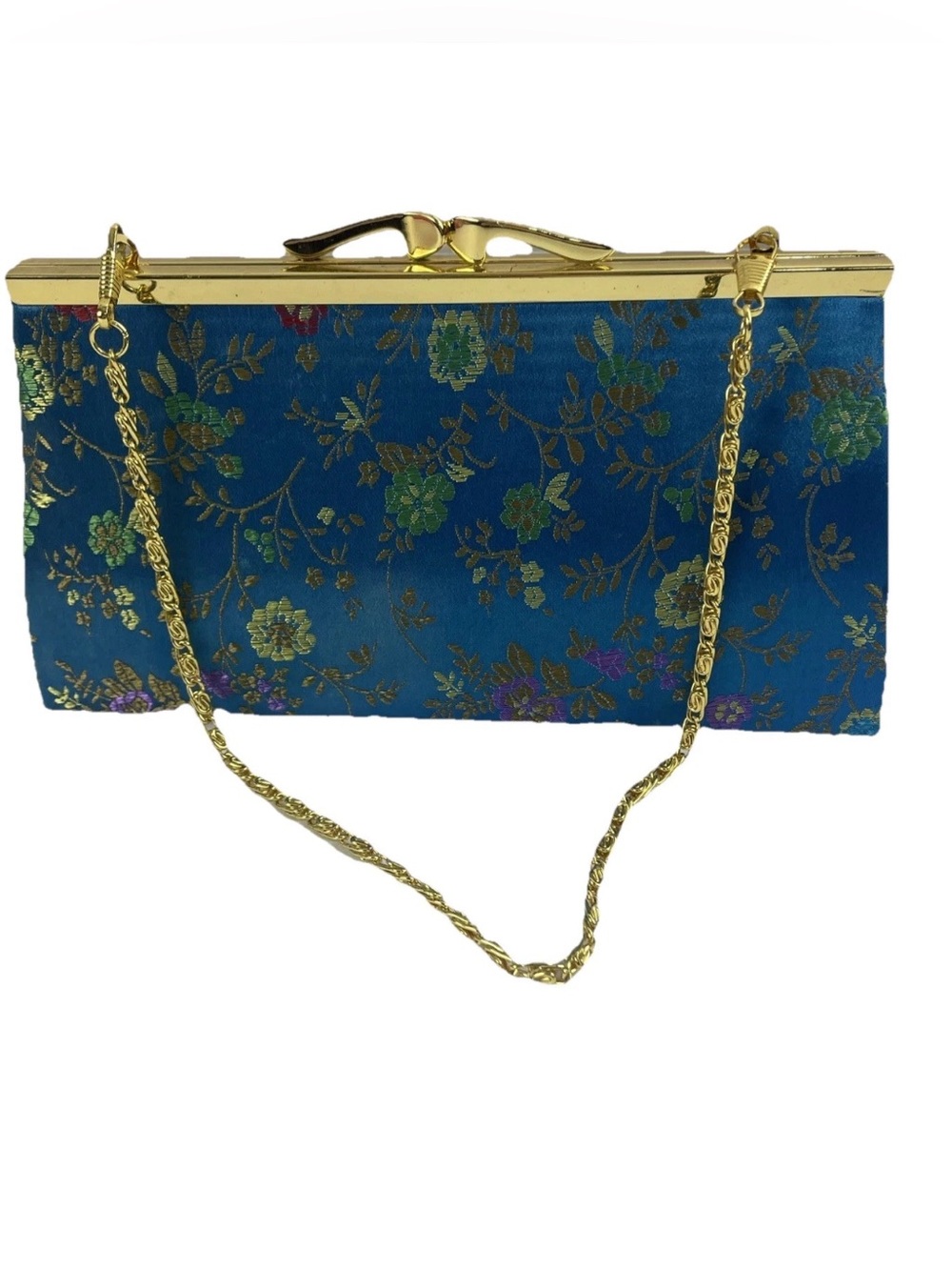 Vintage Blue Floral Brocade Clutch Evening Bag Gold Tone Chain Frame 7.5x4 MCM